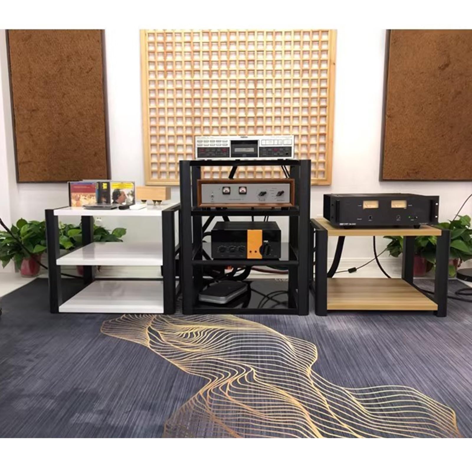 Armadio rack audio multifunzione, supporto amplificatore da pavimento in legno per proiettori stereo e lettori CD, design con angoli arrotondati, soluzione ideale per l'intrattenimento domestico