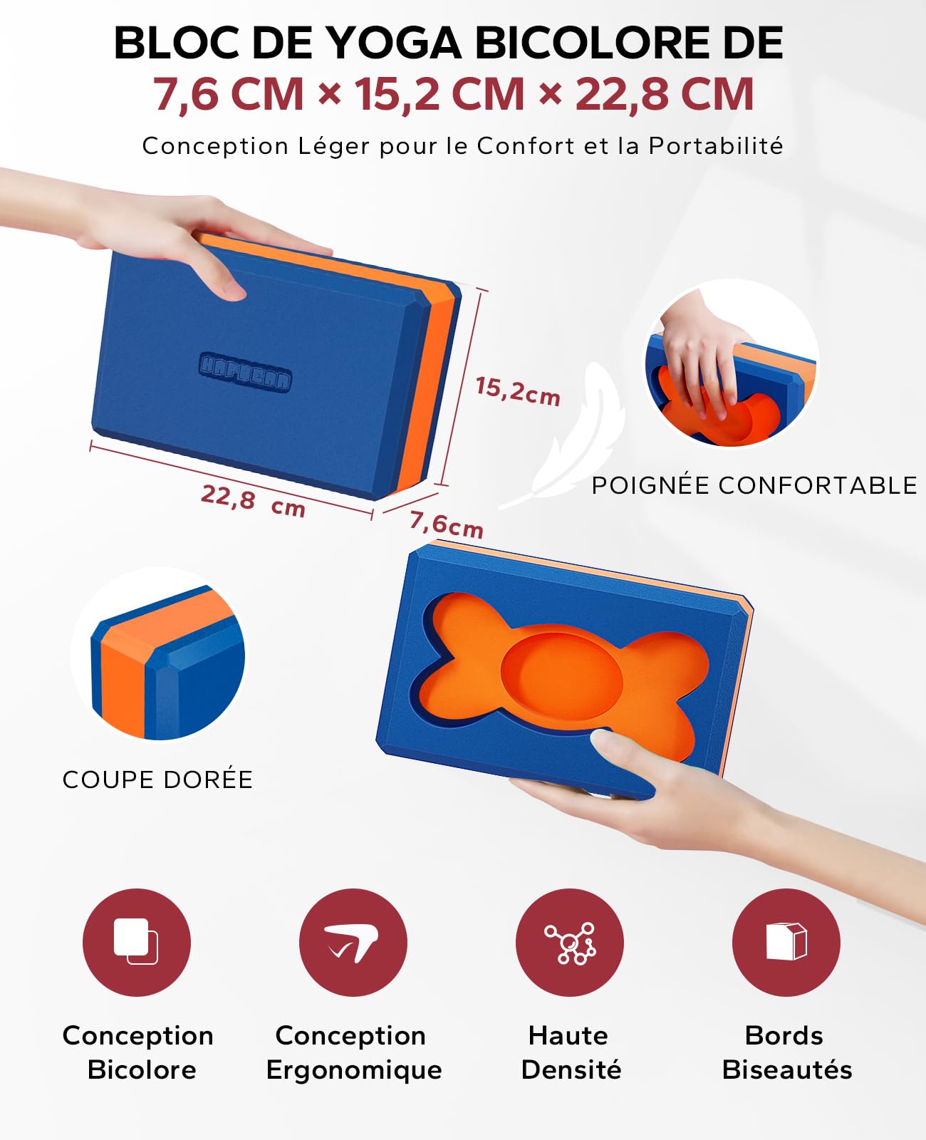 HAPBEAR Lot de 2 Blocs de Yoga - 22,8 x 15 x 7,6 cm Mousse EVA Haute Densité avec Surface Texturée Antidérapante, Pour les Étirements Profonds et les Exercices Légers