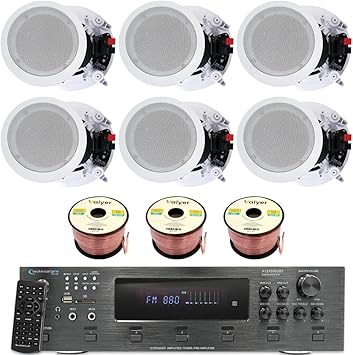 Technical Pro Home Stereo System Kit - 6 Channel 6000 Watts Bluetooth Amplifier w/ 6 Qty of 8 Framed Ceiling Speakers 300 W Each, 300 ft Speaker Wire & Remote for Living Room, Office, Bar