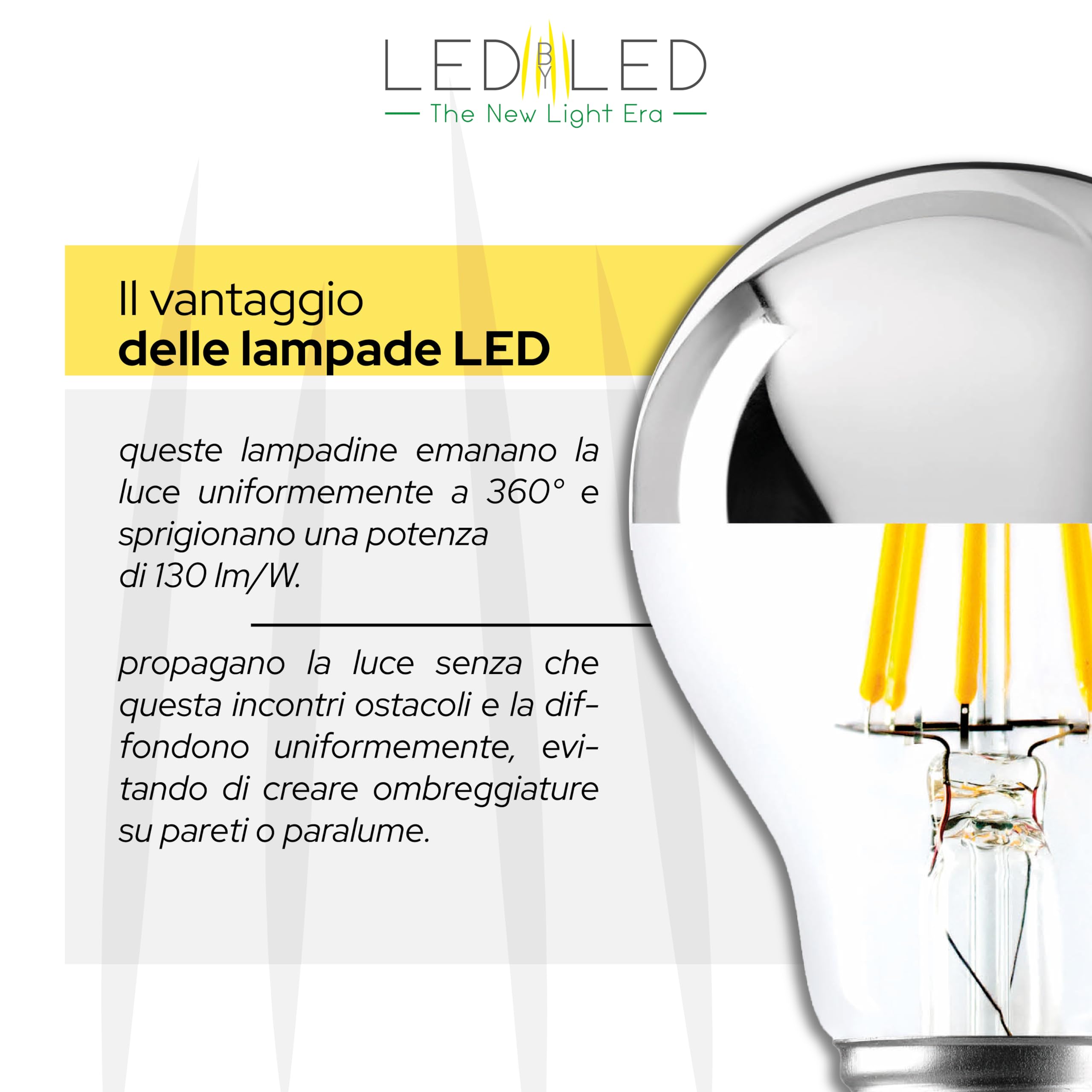 Lampadina Goccia Specchio 6W Pari a 60W, E27, Vetro Mirror-Trasparente Silver Top, 2700K Luce Calda, filamento LED dritto, 780 Lumen, Pack 10 Pezzi