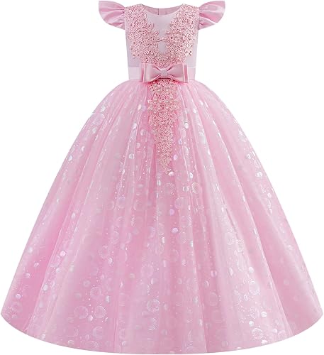 Flutter Sleeve Flower Girl Formal Wedding Dress Floral Lace Shiny Bubble Tulle P