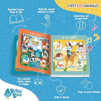 DITTY BIRD Talking Books 100 Animals | 100 Words for Vocabulary & Speech Learning | Sound Books for Toddlers 1-3 | Children's Interactive Toddler Books with Great Pictures | Sturdy Baby Sound Books