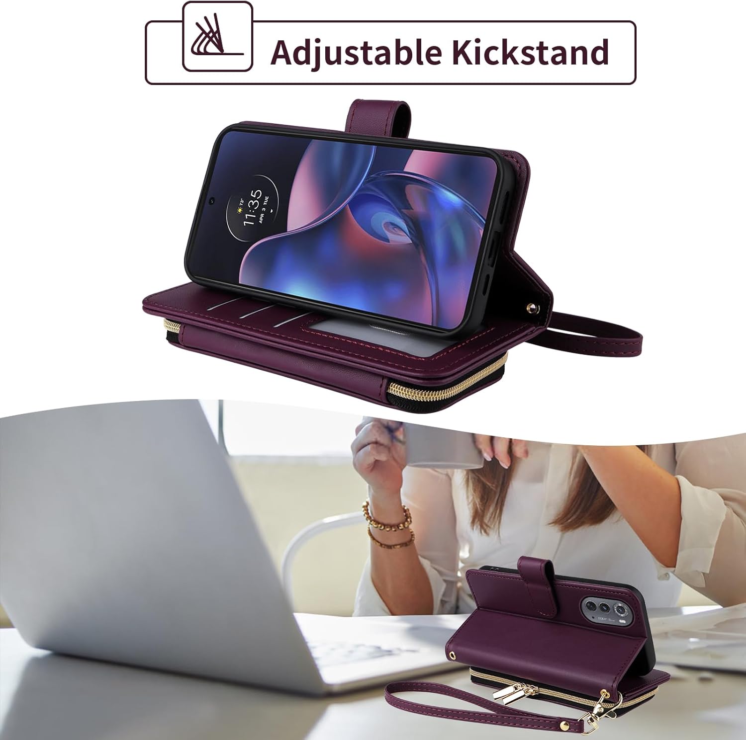 Argyle Wallet Case for Motorola Moto Edge 2022/MotoEdge 5G UW 2022 with Wrist Strap Shoulder Strap Zipper Purse, Luxury PU Leather Stand Phone Cover for Gen 3 XT2205-1 XT2205-2 6.6 Deep Purple