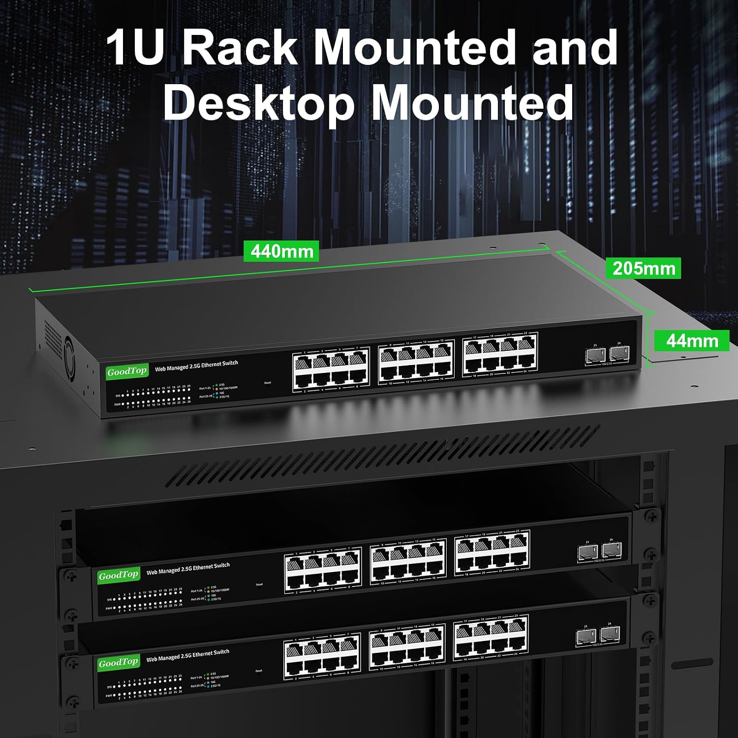 24 Port 2.5Gb Web Managed Switch,24 x 2.5G Port,2 x 10G SFP+,160Gbps Bandwidth Smart Managed Network Switch with LACP/VLAN/QoS/DHCP Client,Metal Housing,Ethernet Switch,1U Rack Mounted