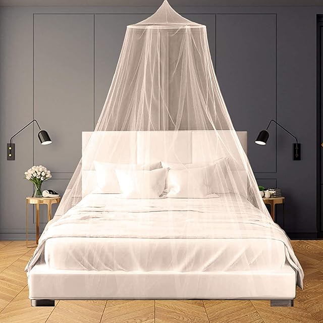 SZHTFX White Mosquito Mesh Net for Bed Canopy,Large Dome Hanging Bed Net Tent for Double/Single Bed,12 Meter Coverage Ideal for Home Or Holidays (White)