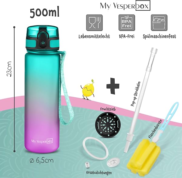 Besuche den My Vesperbox- My Vesperbox – Minny - Kinder Trinkflasche auslaufsicher – 500ml – mit Strohhalm oder Sieb - leichte Tritan Wasserflasche - BPA frei - für Kindergarten, Schule (Lila - Grün 500ml) in use