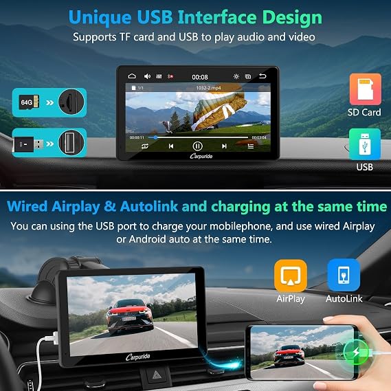 Portable Carplay Screen, Carpuride V3R Wireless Airplay&Android Auto, 7 Inch 1080P HD Touch Screen with Real 720P Backup Camera/BT 5.0/Mirror Link/USB Playback/Noise Reduction Chip AUX