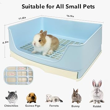 RUBYHOME Oversize Rabbit Litter Box with Drawer, Corner Toilet Box with Grate Potty Trainer, Bigger Pet Pan for Adult Guinea Pigs, Chinchilla, Ferret, Galesaur, Small Animals, 16.9 inch Long (Blue)