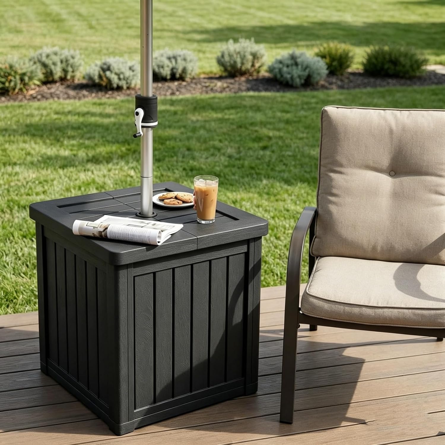 Decorative Planter with Umbrella Hole, 3-in-1 Patio Umbrella Base & Outdoor Side Table, Fillable Weighted Flower Pot with Drainage, Heavy Duty HDPE Umbrella Holder for Garden & Lawn, Black