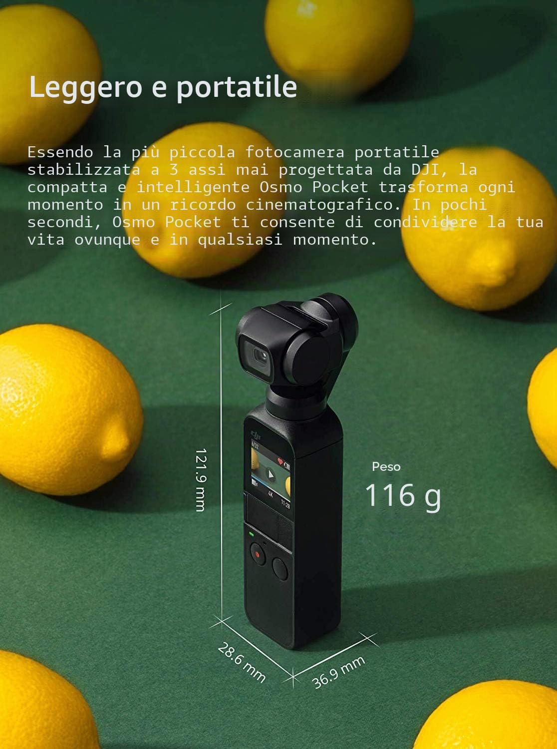 DJI Osmo Pocket - Sistema di Stabilizzazione a Tre Assi, Gimbal con Sensore da 1/2.3 Pollici, Campo Visivo di 80° e l'Apertura a f/2,0, Video in 4K/60FPS A, 100 Mbps