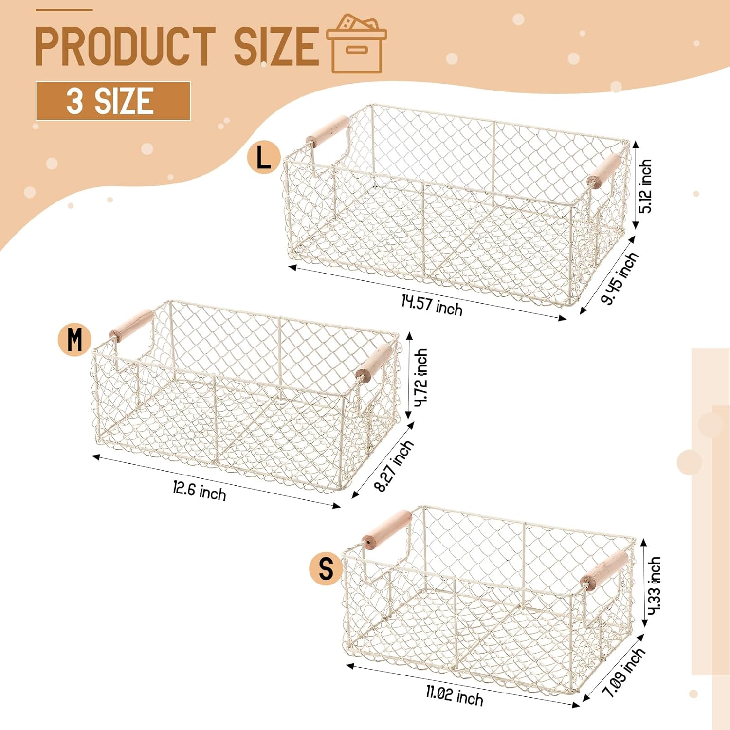 Honeydak 3 Set Wire Basket for Organizing with Wooden Handle Vintage Style Rectangle Mesh Metal Basket Food Storage Organizer for Home Kitchen Pantry Bathroom Picnic Cabinets (White)