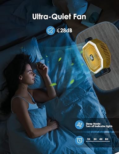 Miniatura 5 de Orteen Ventilador recargable portátil  Ventilador de 9 pulgadas 10000 mAh a batería para campamento, ventilador de campamento con luz y gancho para