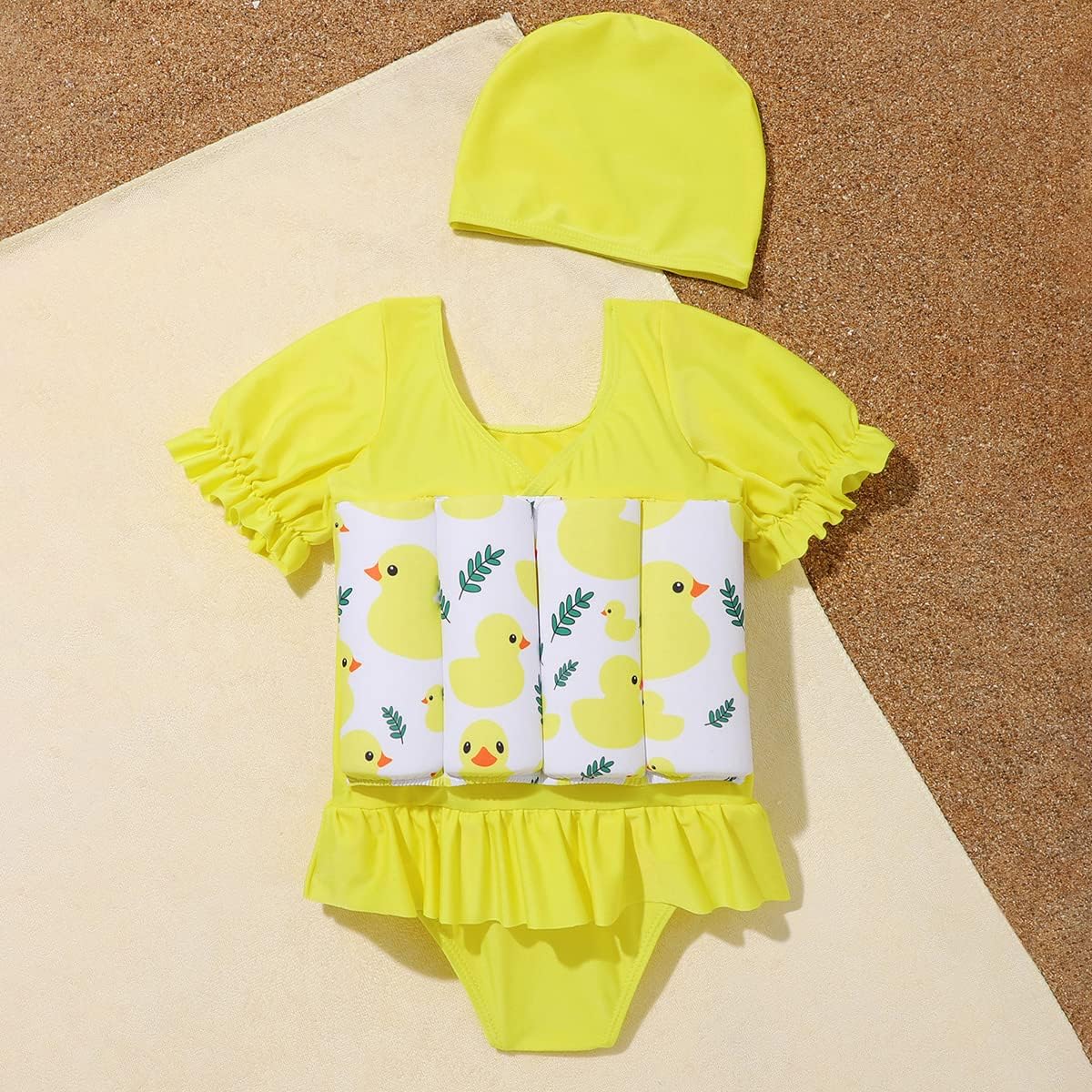 Toddler Girl Floatation Swimsuit with 8 Adjustable Buoyancy Baby Float Suit Floating Swimwear Bathing Suit with Cap