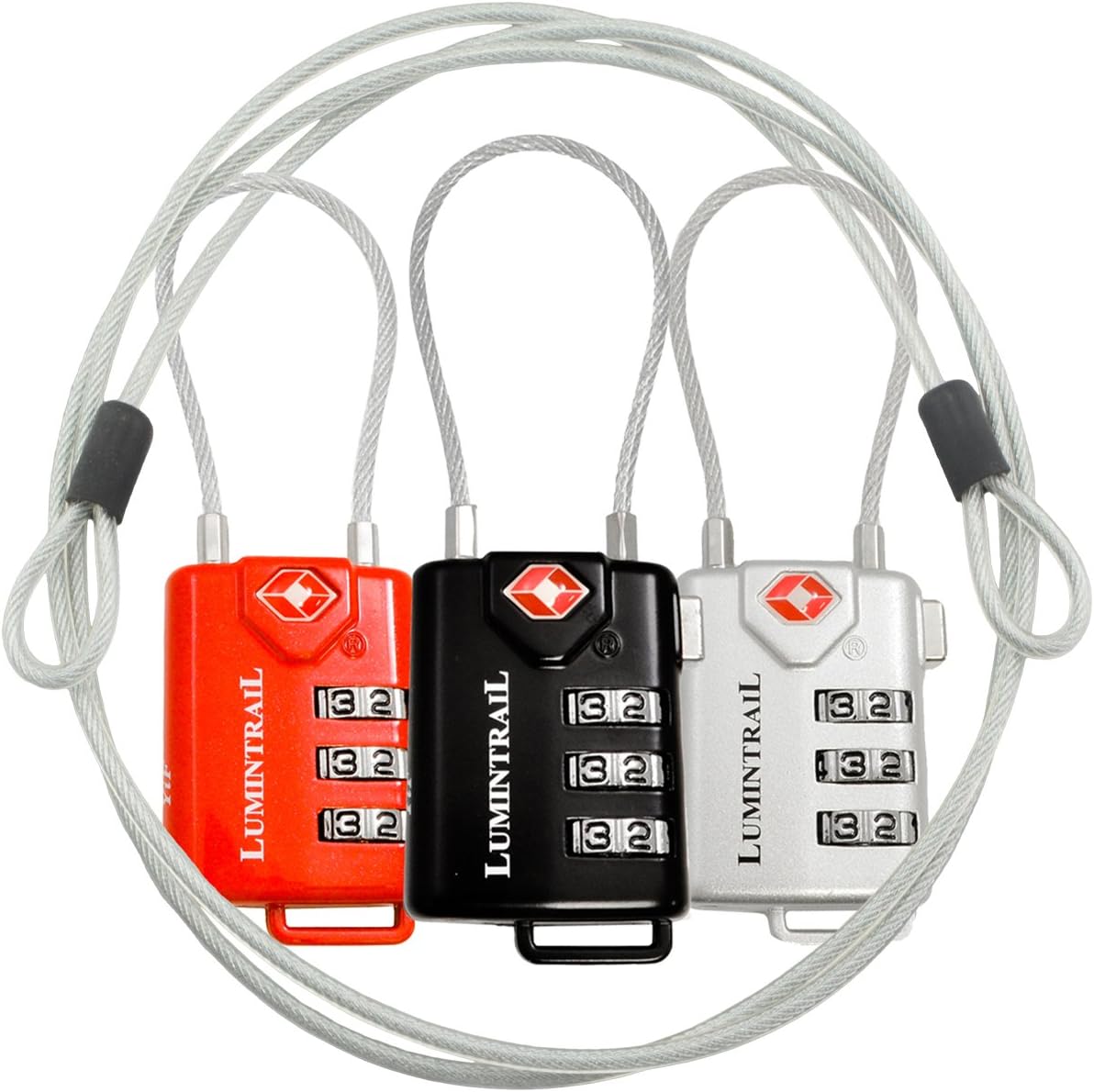 Lumintrail 3 Pack TSA Approved All Metal Personalized International Luggage Combination Travel Lock with 4-ft Steel Cable, for Suitcase and Baggage - Assorted Colors (Black+Red+Silver)