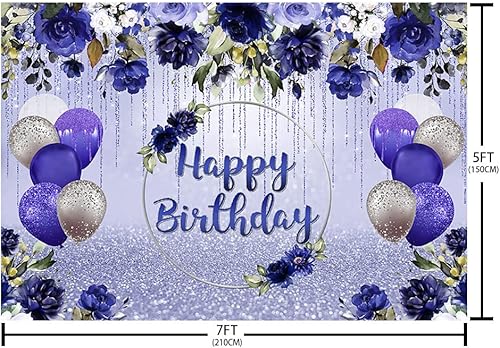Miniatura 5 de Fondo floral de 7 x 5 pies, decoración de fiesta de cumpleaños, suministros para niñas y mujeres, flores azul rey, globos bokeh con purpurina