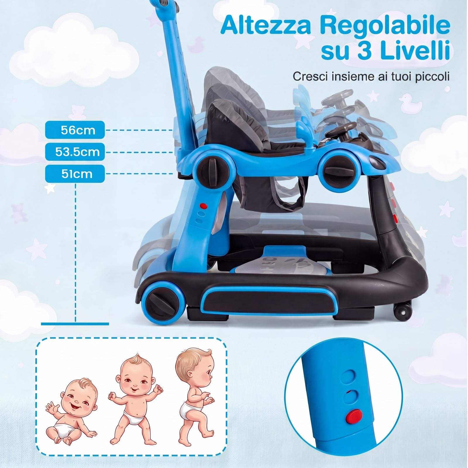COSTWAY Girello per Bambini 6-in-1 Evolutivo, Centro Attività Pieghevole con Maniglia, Regolazione Altezza/Velocità, con Musica, Luci Tenda, per Neonati 6-18 Mesi (Nero+Blu)