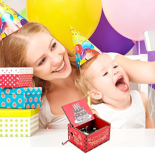 Miniatura 6 de Amaxiu Caja de música de manivela, caja de música de madera de feliz cumpleaños, caja musical vintage grabada a mano, mini caja de música melodía de