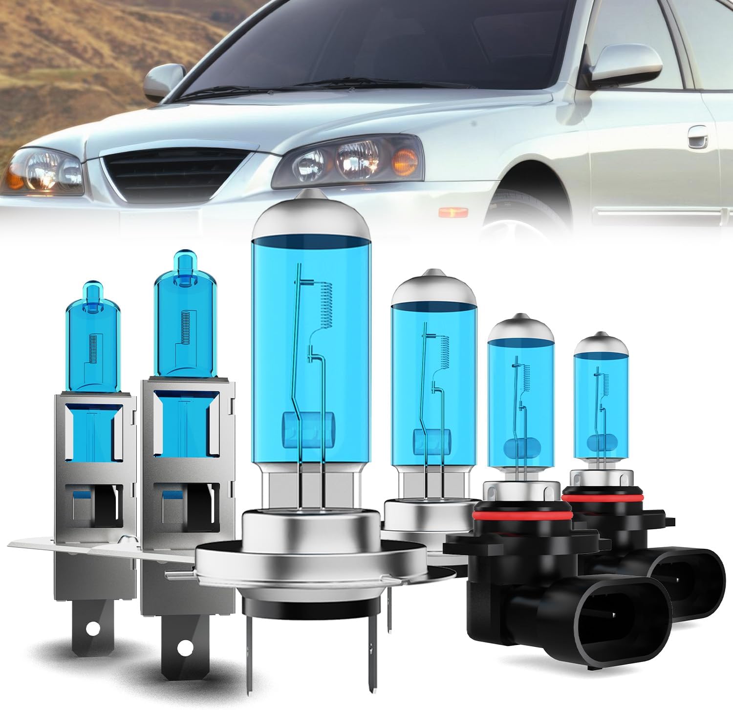 Headlight Bulbs Compatible With Hyundai Elantra 2004-2006, H1 High Beam + H7 Low Beam + 9006 Fog Lights Halogen Light Bulb Combo, Super Bright 6000K White, Plug and Play, Pack of 6