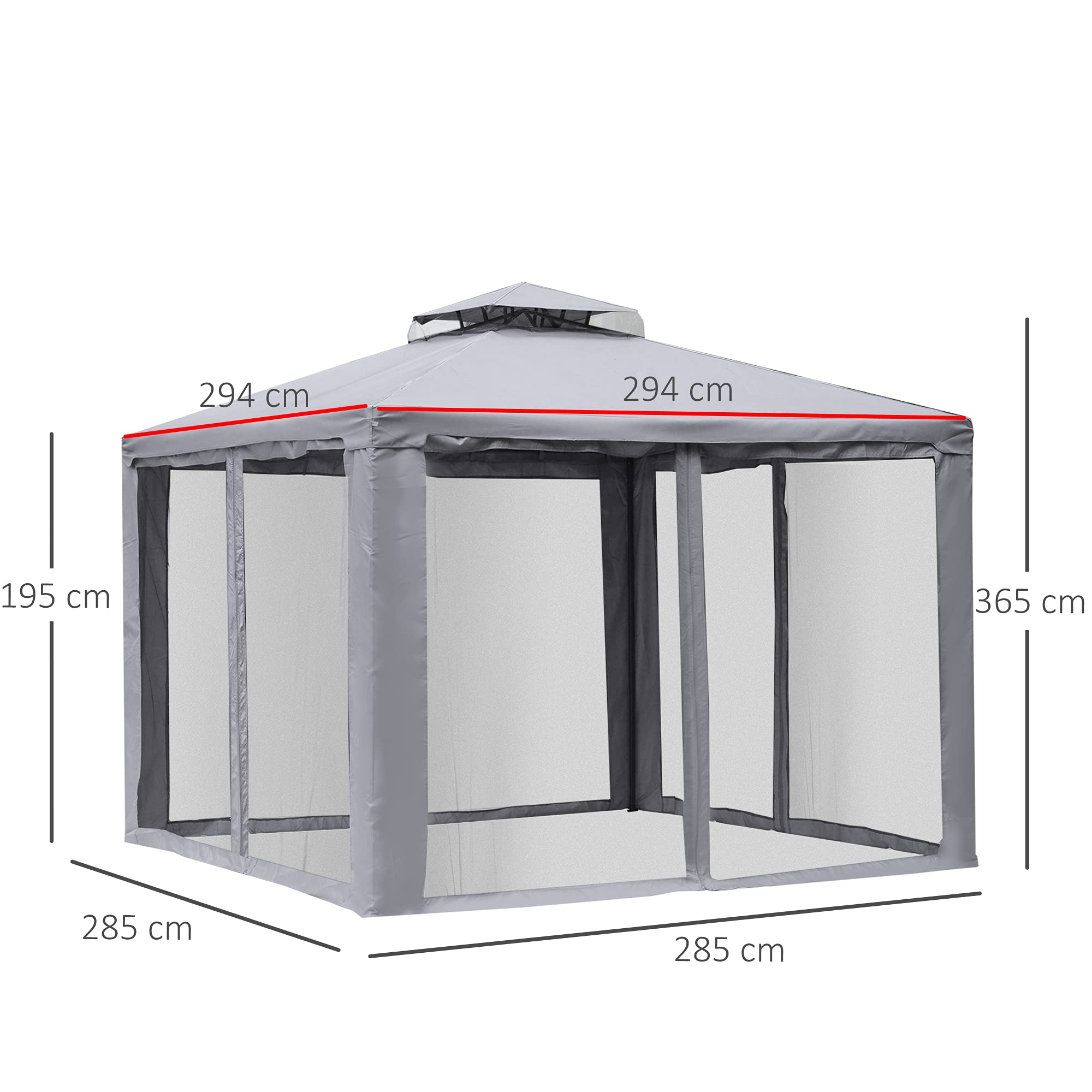 Outsunny Pawilon z podwójnym dachem, ok. 3 x 3 m, wodoszczelny, stabilny, zimowy pawilon ogrodowy z moskitierą, części boczne, pawilon ogrodowy z metalu, do ogrodu, na taras, jasnoszary