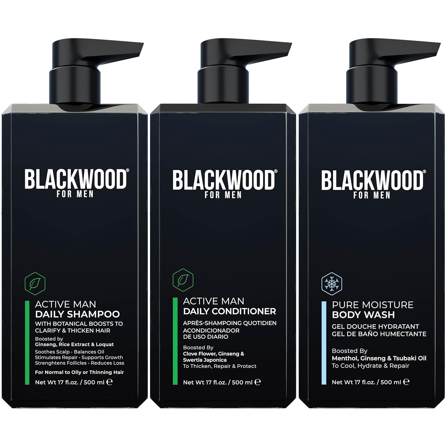 Blackwood For Men Active Man Daily Shampoo (17 Oz), Conditioner, and Pure Moisture Body Wash (17 Oz) Bundle
