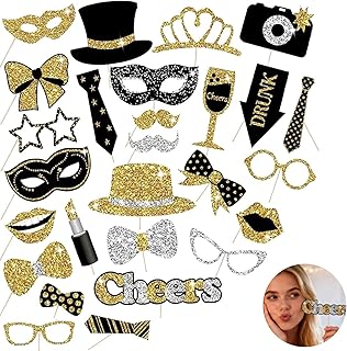 30 Stück Fotobox Accessoires, Zubehör Gadget Spaß Foto Partyzubehör Tischdeko Geburtstag Für Weihnachten Silvester Deko Geburtstage Hochzeiten Partyzubehör DekoFoto Requisiten Karneval (Schwarz Gold)