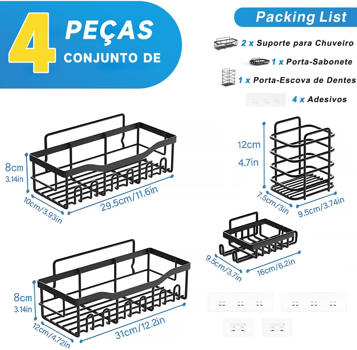 Kit com 4 Prateleiras para Banheiro Sem Furo, Aço Inoxidável Antiferrugem, Nicho Adesivo, Organizador de Box, Suporte para Shampoo e Condicionador, Capacidade 18kg, Resistente à Umidade, para Chuveiro Kit com 4 Prateleiras para Banheiro Sem Furo, Aço Inoxidável Antiferrugem, Nicho Adesivo, Organizador de Box, Suporte para Shampoo e Condicionador, Capacidade 18kg, Resistente à Umidade, para Chuveiro