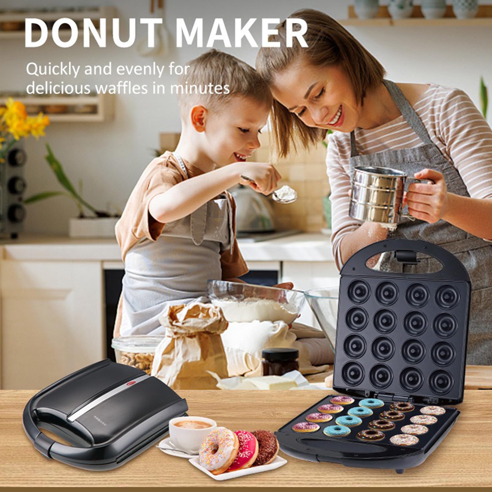 Machine à Donut 1400W, Appareil à Beignets, Donut 16 trous, Plaques chauffantes antiadhésives, Cuisson au four DIY