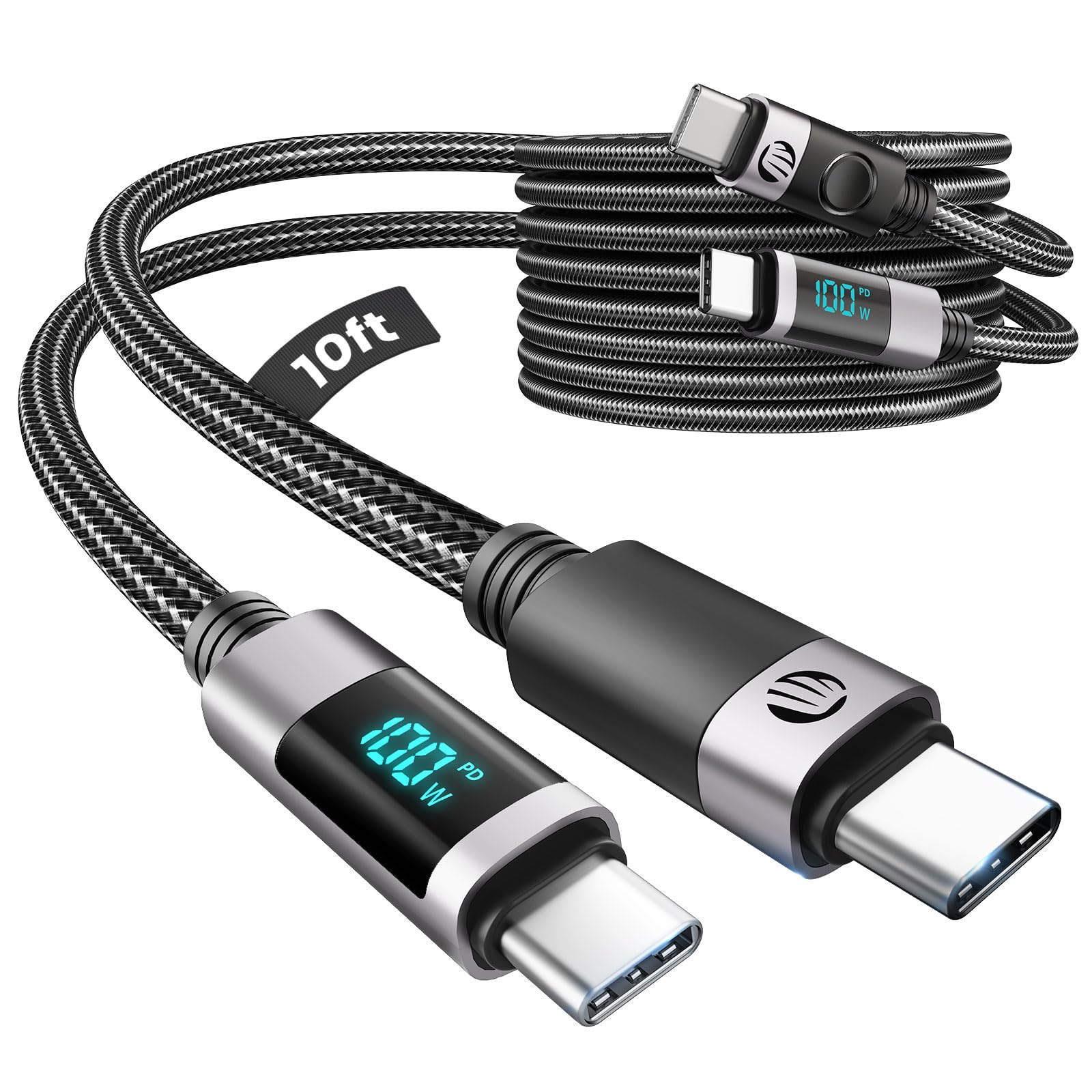 ORICO Cavo da USB C a USB C con display a LED, PD100 W, 2 pezzi di ricarica USB C da 10 m, ricarica rapida, in nylon intrecciato di tipo C, compatibile con iPhone 15/Pro/Plus/Pro Max, MacBook, iPad