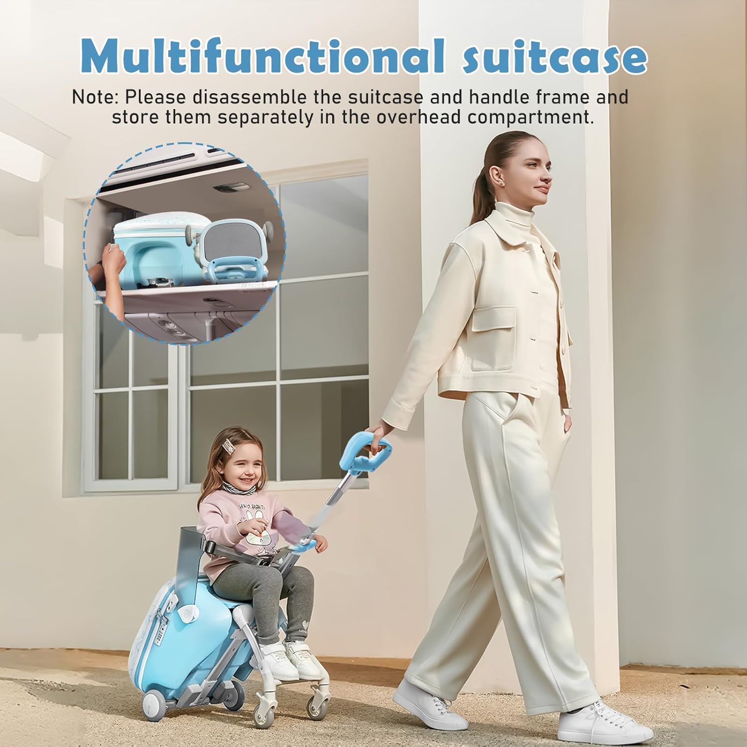 Kids Ride-on Luggage with Seat, 20 inch Carry On Suitcase, 2-in-1 Children's Luggage with Shockproof Silent Wheels and Guardrail for Airplane & Travels