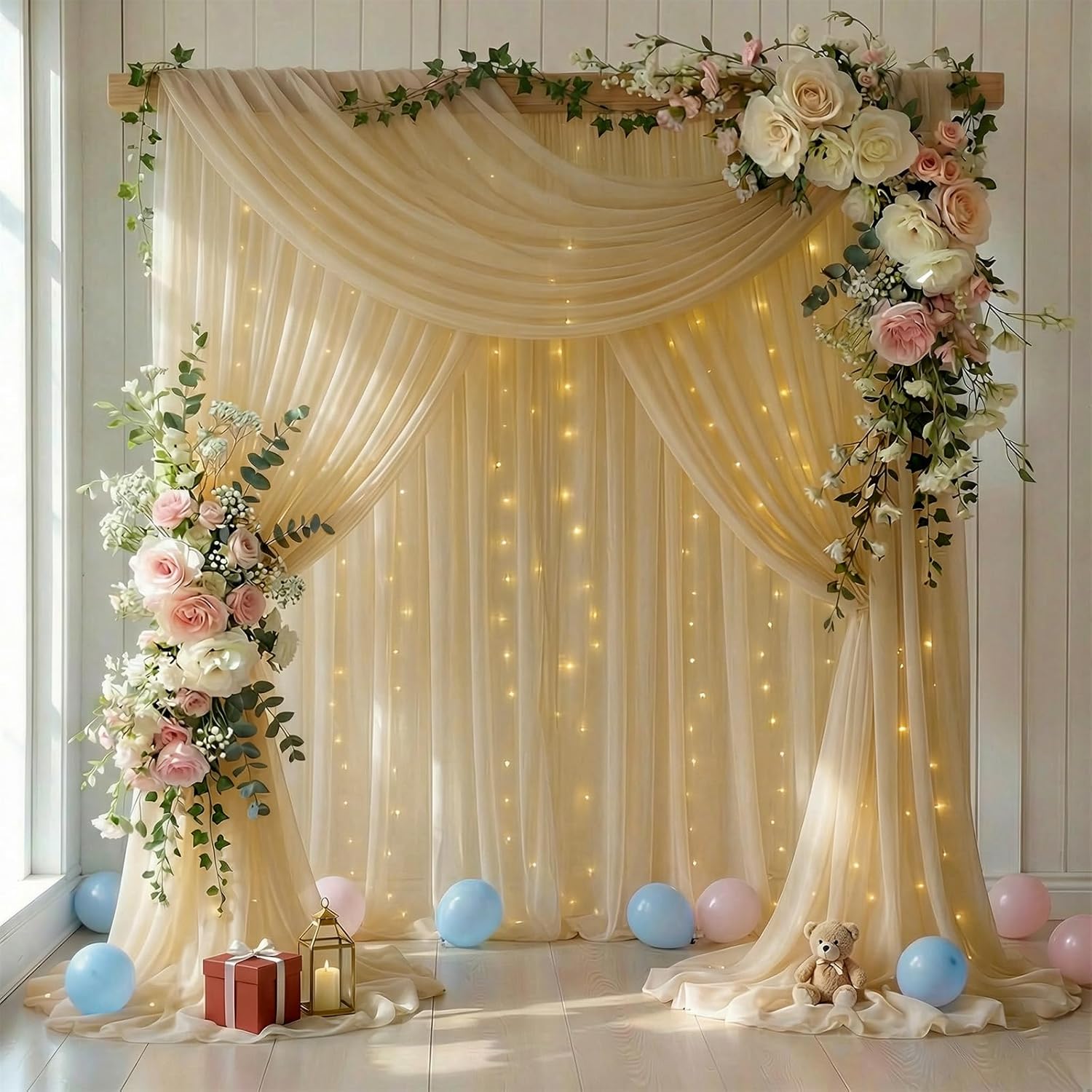 GALLETY 10 FT x 8 FT Champagne Backdrop Curtain - Tulle Backdrop Curtain with Lights String - Sheer Backdrop Curtains with 4 Inch Rod Pockets for Birthday Weddings Baby Shower Theme Party Decorations