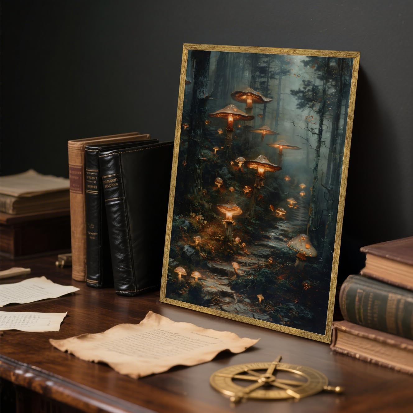 Balsuka Fantasy Wall Art Glowing Mushroom Magical Forest Poster Nature Landscape Enchanted Woodland Canvas Print Dark Academia Decor Whimsical Mystical Fungi Pictures for Bedroom 8x12inch Gold Frame - Image 5