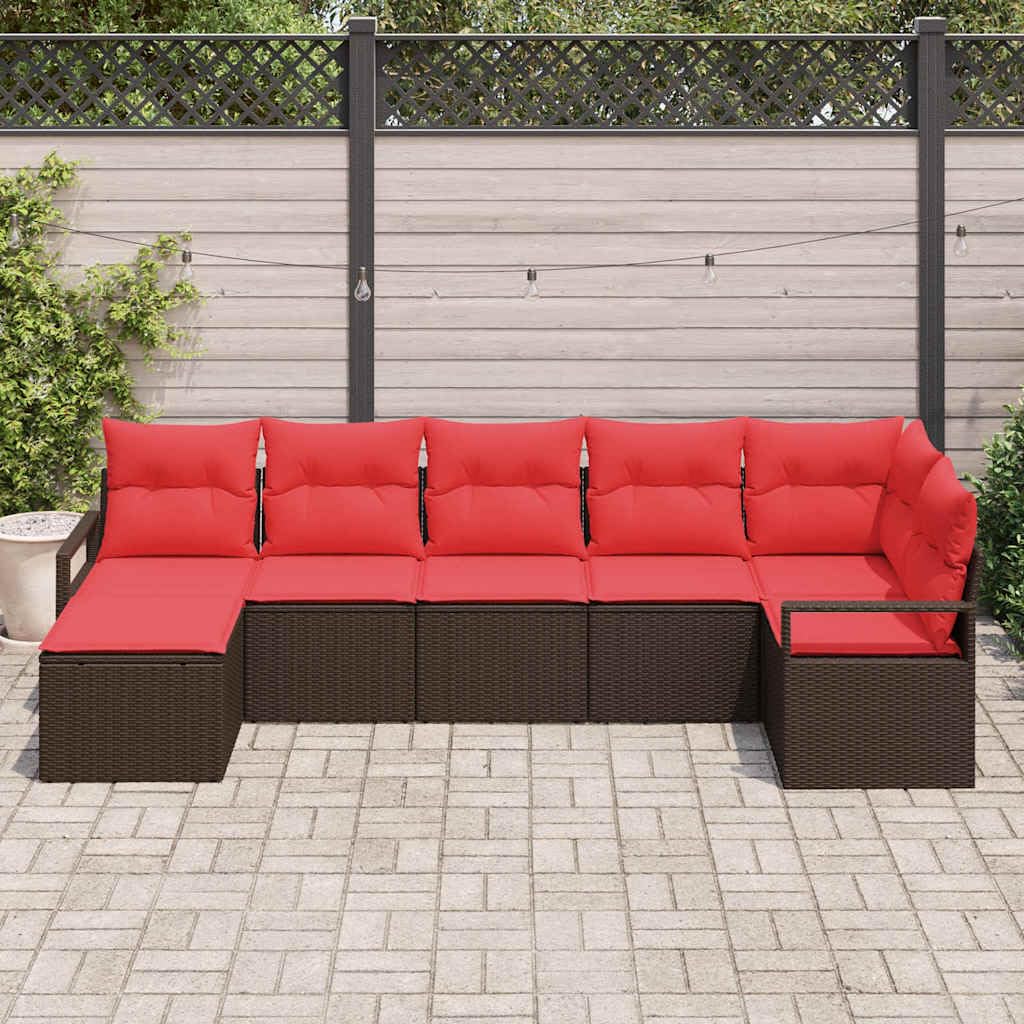 Ensemble de meubles de jardin avec coussins, 7 pièces, marron et rouge, en polyrotin, résistant aux intempéries, canapé modulaire d'extérieur avec espace de rangement, salon de balcon