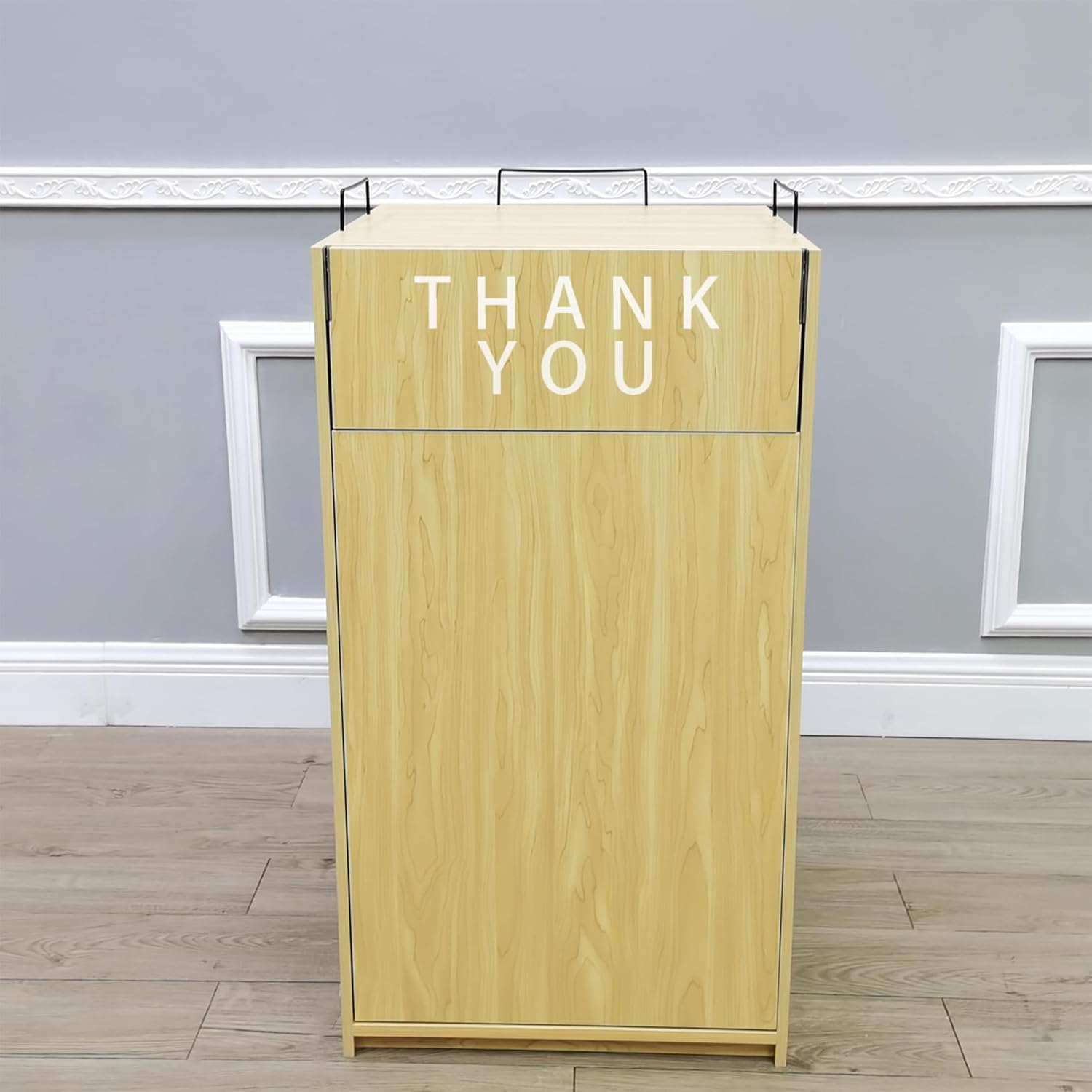 20 X 20 X 39.4" Maple Restaurant Fast Food Trash Bin Receptacle Enclosure with Hinged Door, Wire Tray Top Holders, Holds Trash Bins Up 26 Gallons, Easy Assembly Video in Description 119231-NEW