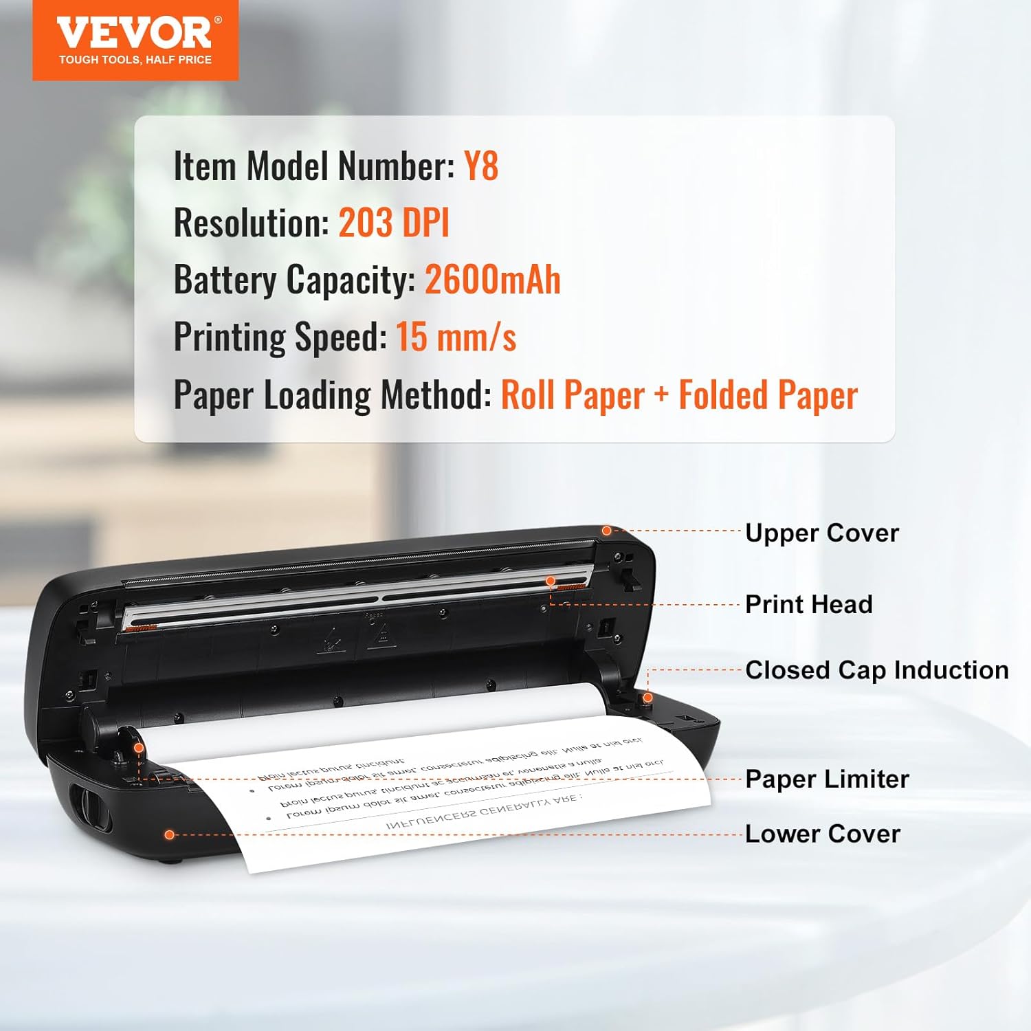 VEVOR Portable Printer - 2600mAh Battery, 203 DPI, Bluetooth Inkless Mobile Printer for A4, A5 & 8.5