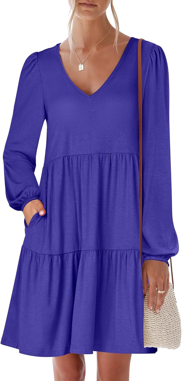 ANRABESS Womens Long Sleeve Dress 2025 Fall Casual V Neck Tiered Flowy Short Dresses Beach Travel Vacation Outfits