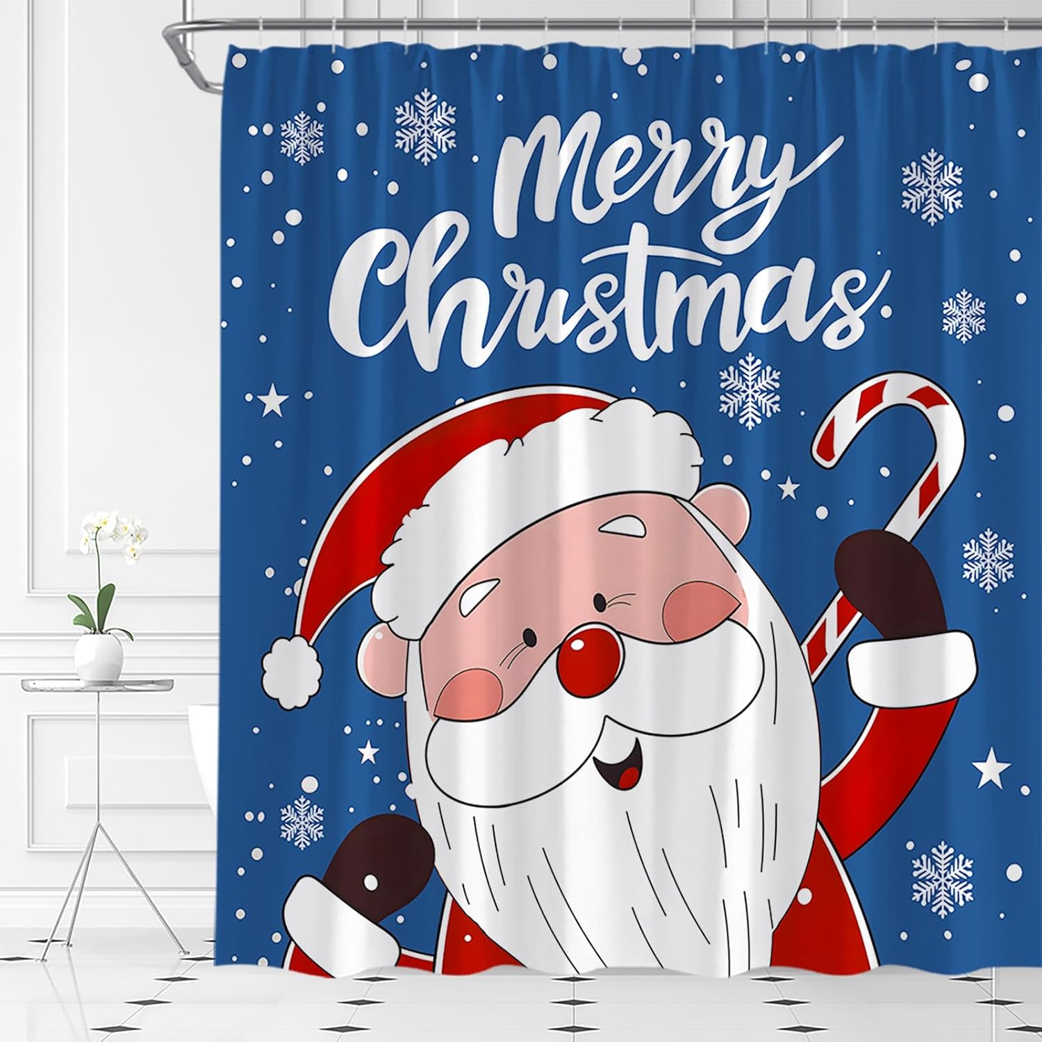 Santa Claus Shower Curtain Merry Christmas Winter Snowflake Cute Cartoon Santa Xmas Holiday Bathroom Curtain Fabric with Hooks(70" Wx84 H)