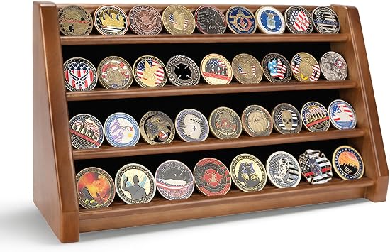 ASmileIndeep 4 Rows Military Challenge Coin Holder Display Holds 32 Coins, Solid Wood Army Coin Rack Display Case Stand for Wall Mount or Tabletop, Walnut