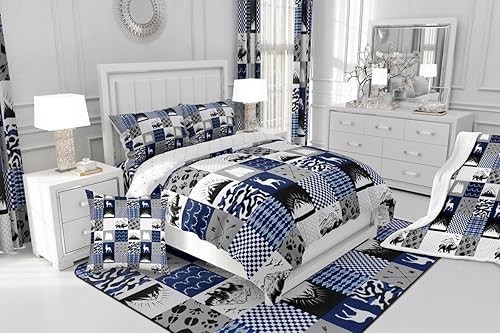 Miniatura 4 de Juego de ropa de cama de camuflaje azul con diseño de bosque, vida silvestre, oso, alce, ciervo, funda de edredón individual para niños y