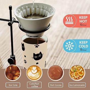 OTVEE 17 oz Coffee Cups Tavel Tumblers with Lids Cute Cat Pattern Insulated Stainless Steel Tumbler Coffee Mug Powder Coated Tumbler Cup for Hot and Cold Drinks Beige
