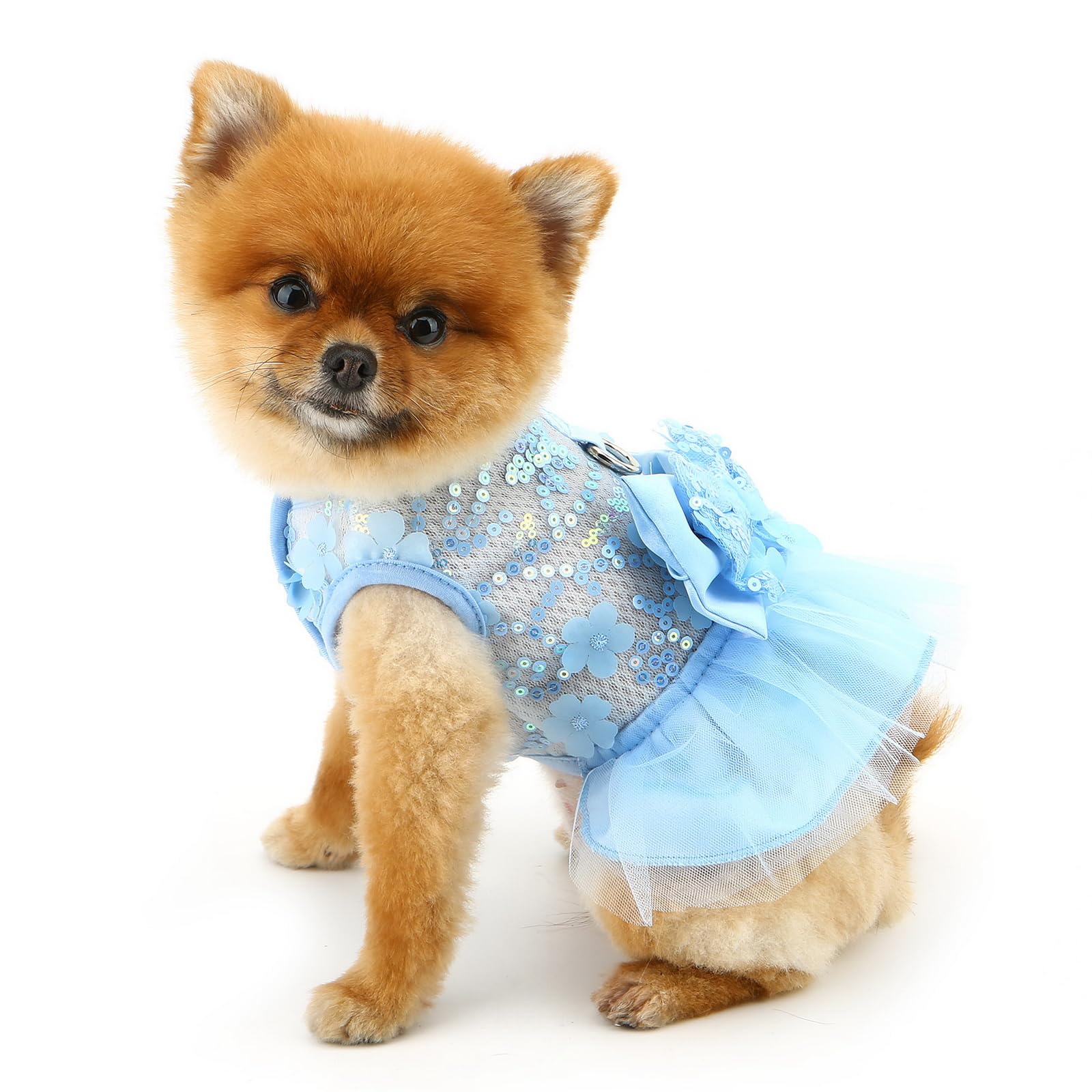 PAIDEFUL Dog Dress,Luxury Bow Princess Tutu Dresses for Girl Dogs Cute Fashion Mesh Pet Skirt with Sequins Flower Cat Puppy Clothes Wedding Party Outfits Chihuahua Apparel Button up D-ring,Blue,M - Image 4