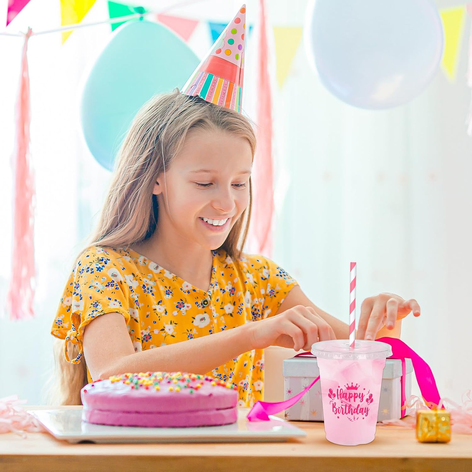 Whaline 50 Pcs 12 Oz Happy Birthday Disposable Plastic Cups with Lids and Straws Hot Pink Cold Beverage Drinking Cups for Home Kitchen Birthday Party Supplies image 5