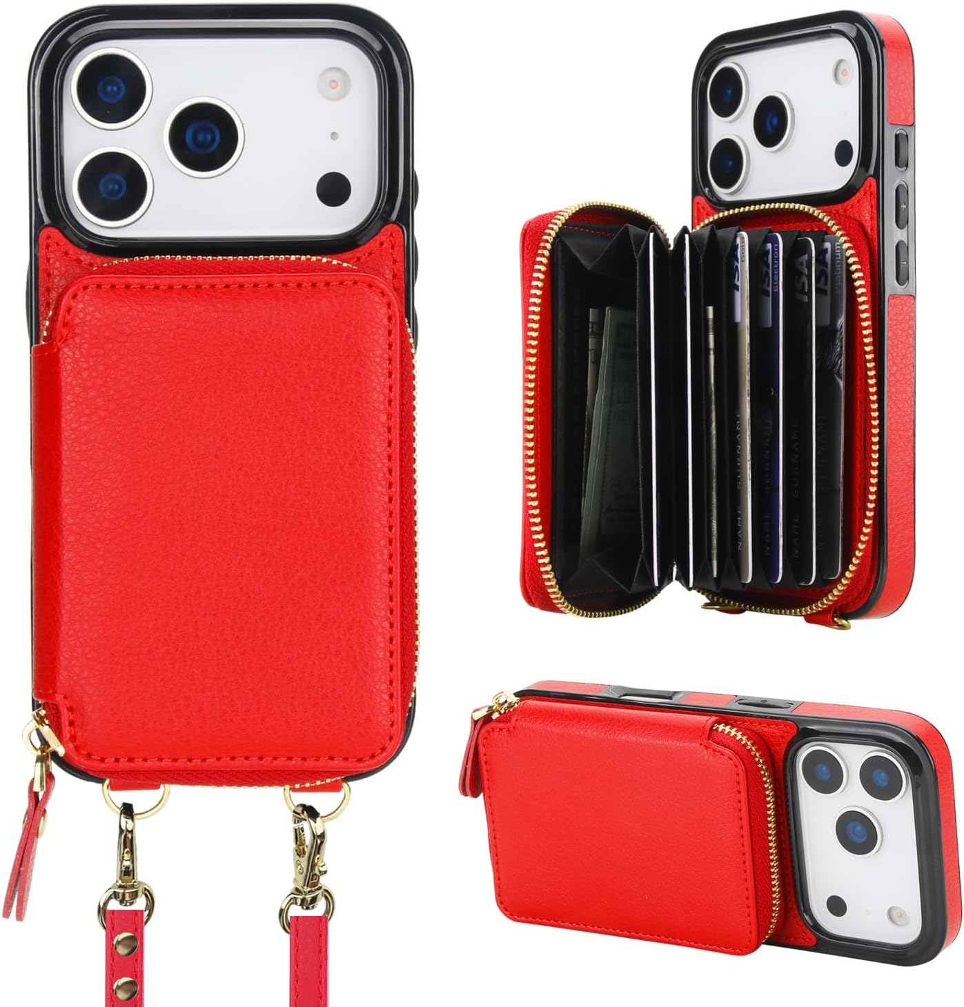 Bocasal Crossbody Wallet Case for iPhone 17 Pro, RFID Blocking Leather Purse Case with Card Holder, Protective Handbag Flip Cover with Zipper Wrist Strap Lanyard for Women 5G 6.3 Inch (Red)