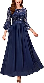 Women's Vintage Lace Sequin Insert Contrast Scoop Neck Bell Sleeves Chif...