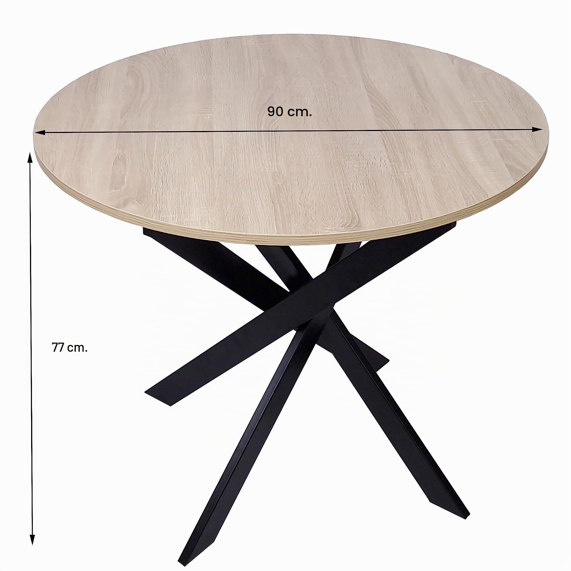 Skraut Home | Tavolo da pranzo fisso rotondo | Modello ZEN | 90x90x77 cm di altezza | Capacità per 4 persone | Materiali resistenti (90cm, Rovere + Gambe Nere)