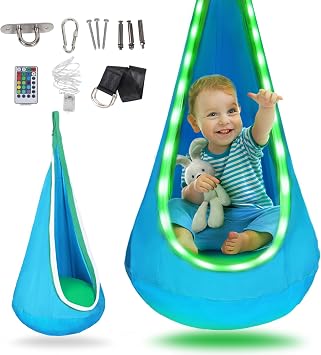 Light Up Kids Sensory Swing for Indoor & Outdoor Use, Soft Fabric Hanging Pod Swing for Calm Play, Strong & Secure Design, Easy Install, 150 lbs Capacity Blue