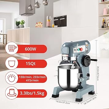Commercial Food Mixer 15QT 600W 110V 3 Speeds Adjustable, Stand Mixer Dough Kneading Machine with Stainless Steel Bowl Dough Hooks Whisk Beater, With Safety Guard for Bakeries Restaurants Pizzerias