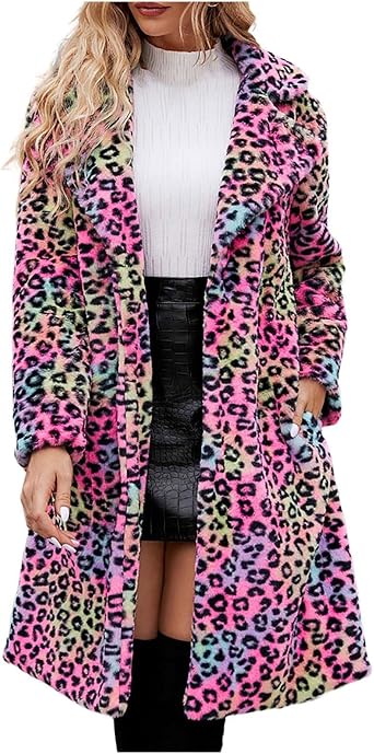 ZHOUYF Faux Fur Coats for Women Winter Warm Chunky Long Jackets Leopard Print Thick Fleece Furry Cardigan Shaggy Outerwear