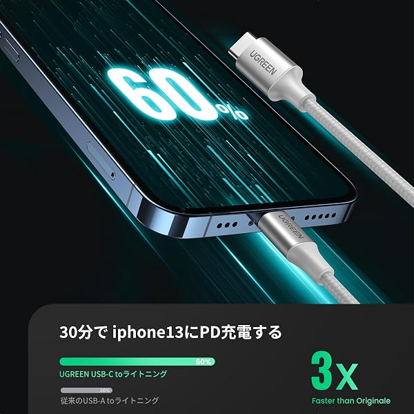 UGREEN USB-C Lightningケーブル【MFi認証取得 PD対応 1M】急速充電 ライトニングケーブル 高耐久 ナイロン編み iPhone ipadなど各種対応 シルバー - 2