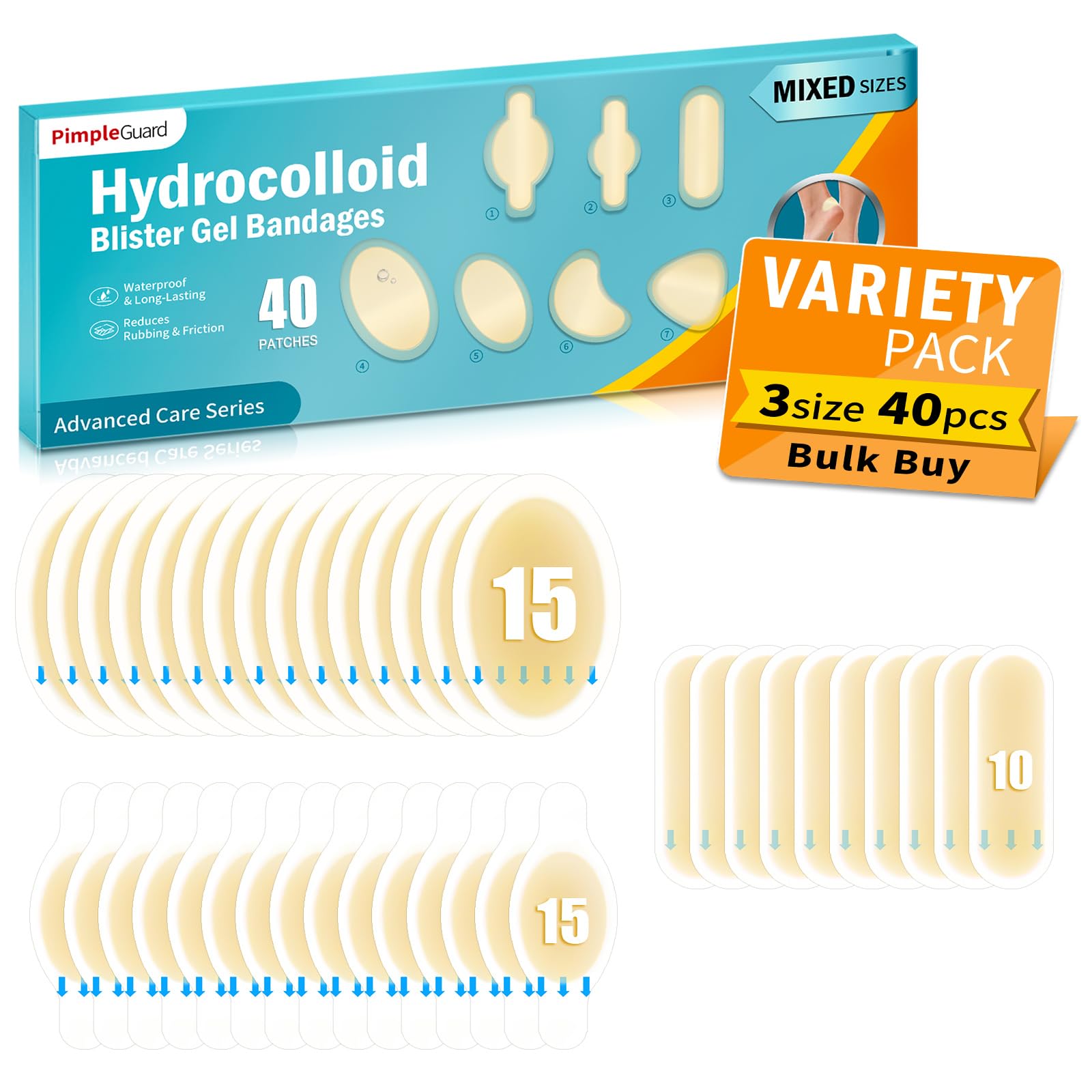 40 Count Blister Bandages for Feet Hydrocolloid Bandages Waterproof Blister Cushion for Feet Toes Heels Blister Pads
