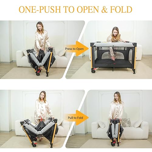 Miniatura 8 de Cuna de bebé 5 en 1, para empacar y jugar, cuna portátil con cambiador de pañales, colchón, mosquitera, almacenamiento inferior y barra de juguetes